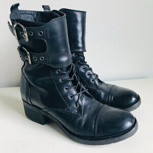 Alberto Fermani Black Leather Lace Up Buckles Combat Moto Boots Size US 6 EU 36